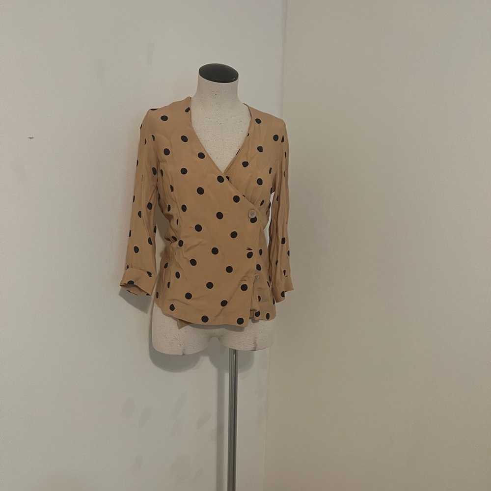 Polka Dot Wrap Blouse in Tan size XS